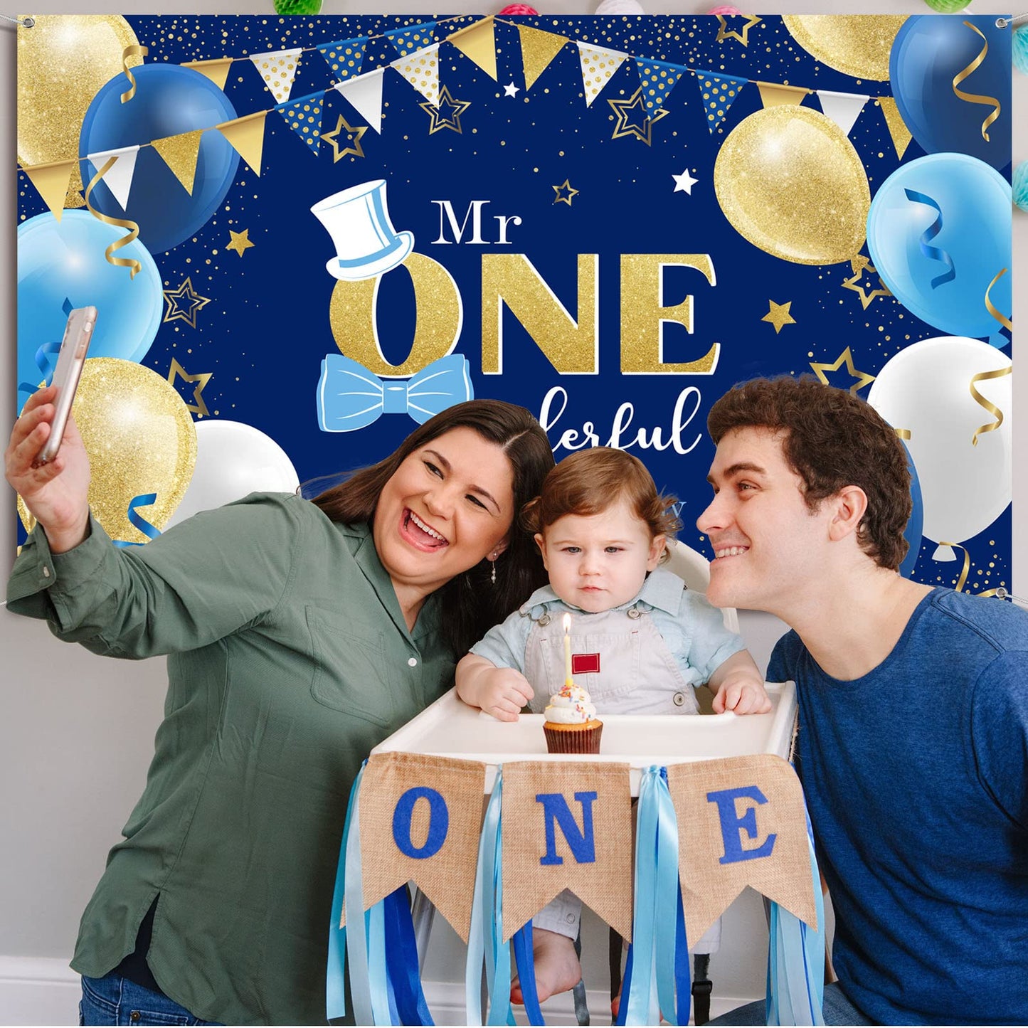 Boys 1St Birthday Decoration Mr. Onederful Birthday Party Supplies 1St Happy Birthday Backdrop Photography Background With Ballo