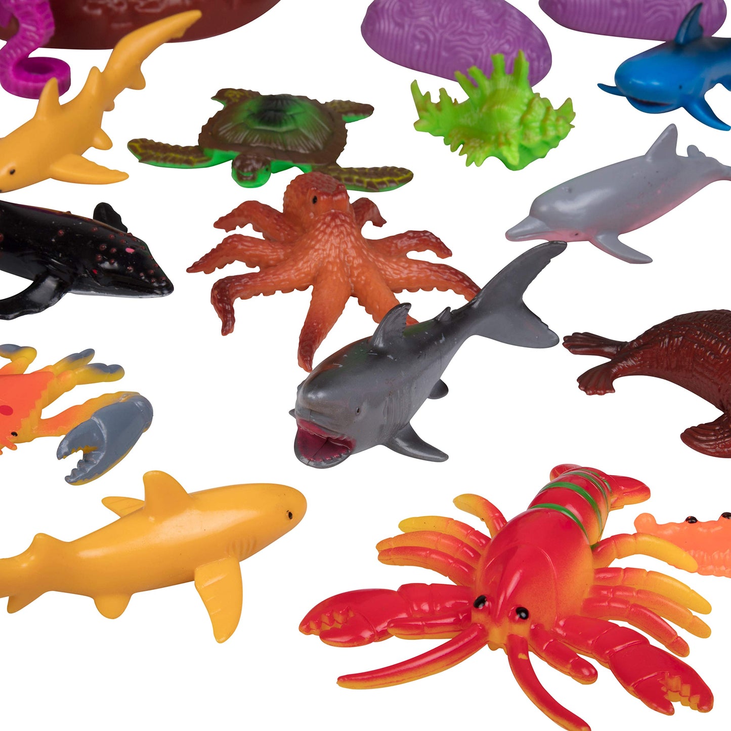 Ocean Life Sea & Animal Toy Action Figure Set - 30Pc Bucket Of Large Marine Animals Includes Turtles, Crabs, Starfishes, Fish, Sharks, Seahorses, Dolphins & More - Great Bathtub, Beach, Sandbox Toys