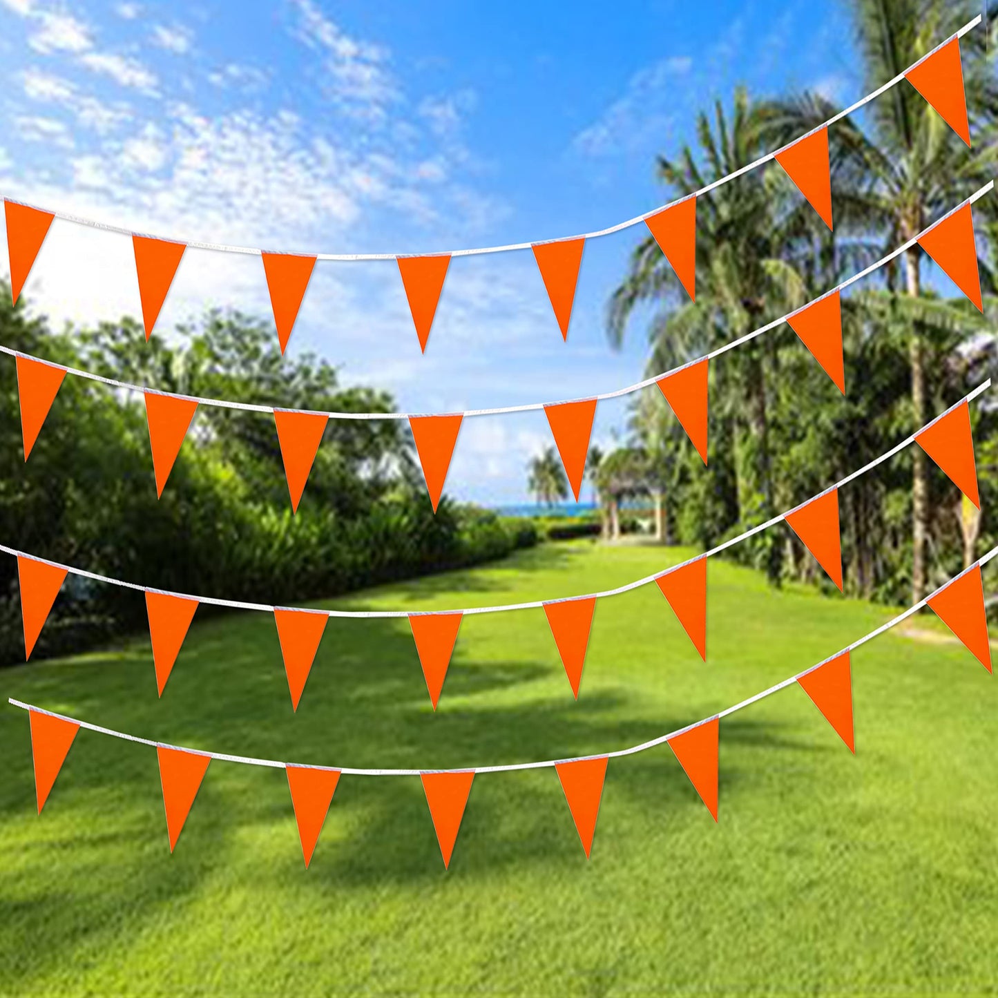 Consummate 100ft Orange Pennant Banners - 60PCS Plastic Triangle Flags for Parties, Grand Openings, Kids' Birthdays
