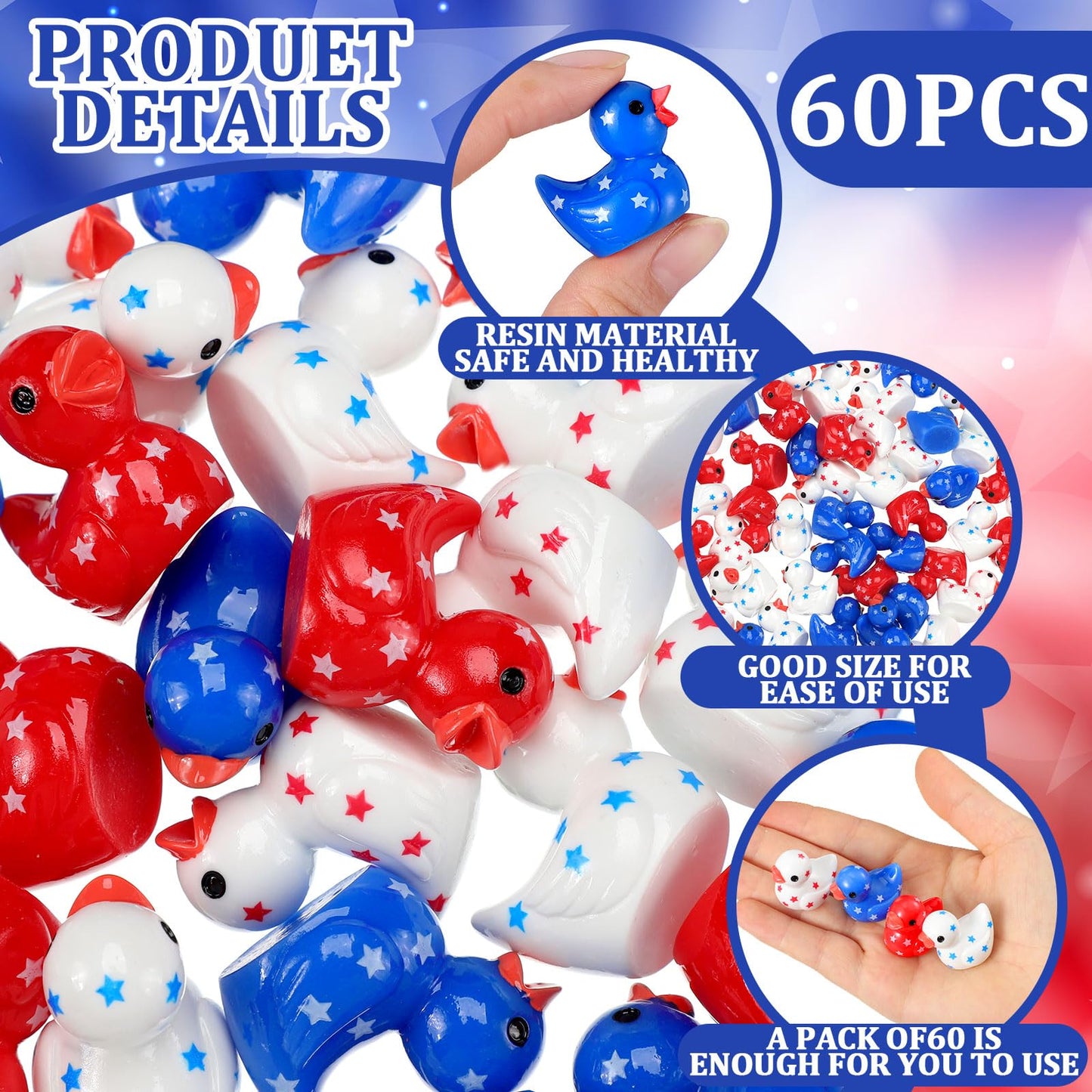 Arrowbash 60 Pieces Patriotic Mini Resin Ducks Small 4Th Of July Ducks Bulk Mini Resin Animals Red White And Blue Duck For Indep
