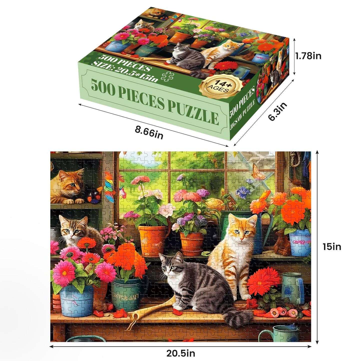500 Piece Puzzle For Adults-Cats And Flowers | Recycled Cardboar Jigsaw Puzzles 500 Pieces | Challenging Family Activity Great G