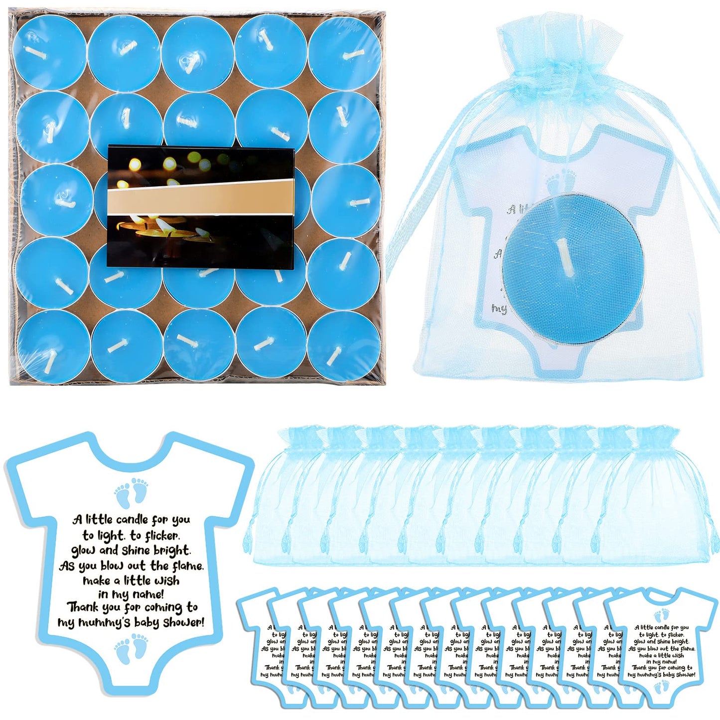 Roowest 50 Sets Baby Shower Gift Candles Favors for Guests Cute Tea Light Candle Decorations with Thank You Cards Organza Bags f
