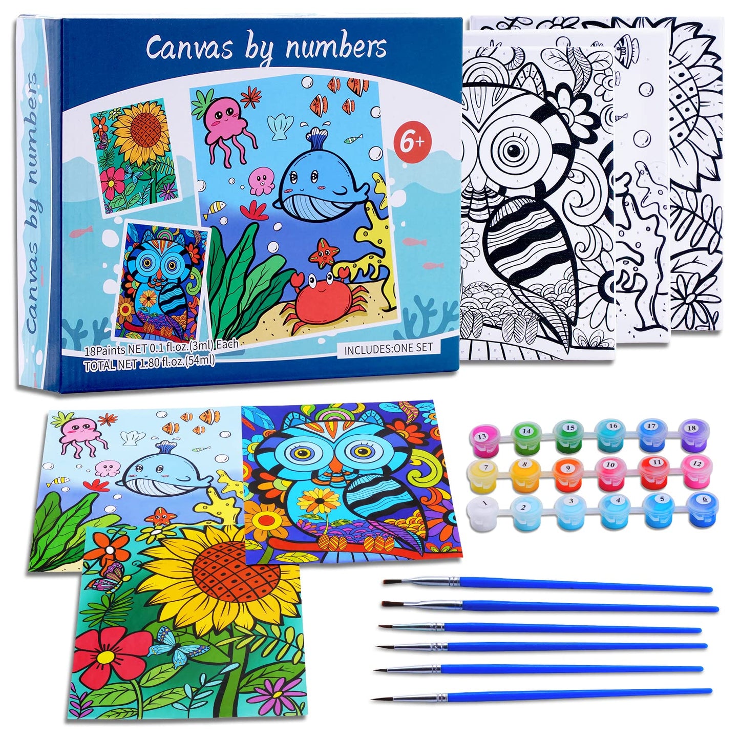 3 Pack Paint By Numbers For Kids Ages 8-12, 10*8''Color By Number For Kids Framed Canvas With 18 Acrylic Paint Pots And 6 Brushe