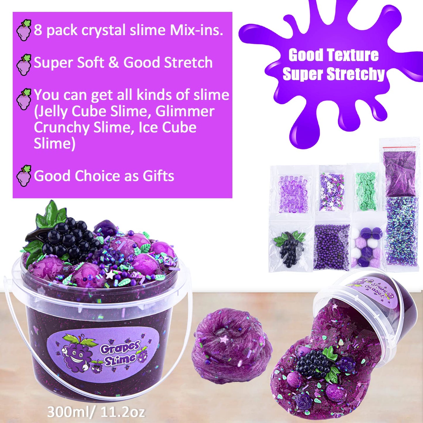 Clear Slime For Kids, Purple Grape Slime Kit For Girls And Boys Age 8-12, Crunchy Slime With Jelly Cubes, Non Stick Slime With 8 Packs Slime Add Ins, Kids Party Favors, Birthday Christmas Easter Gifts