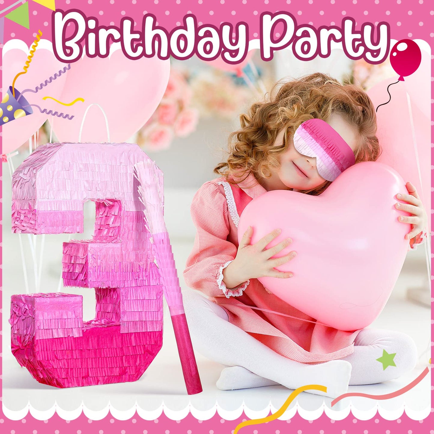 Sratte Piñata Number 3 - Gradient Pink Birthday Decorations, Paper, Includes Stick & Blindfold for Girls & Boys Party Supplies