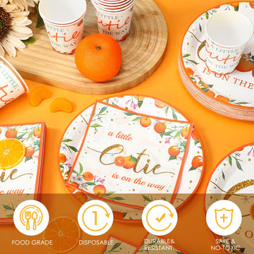 200 Pcs Little Cutie Baby Shower Paper Plates Napkins Cups Orange Baby Shower Party Supplies Tableware Set Orange Disposable Cup