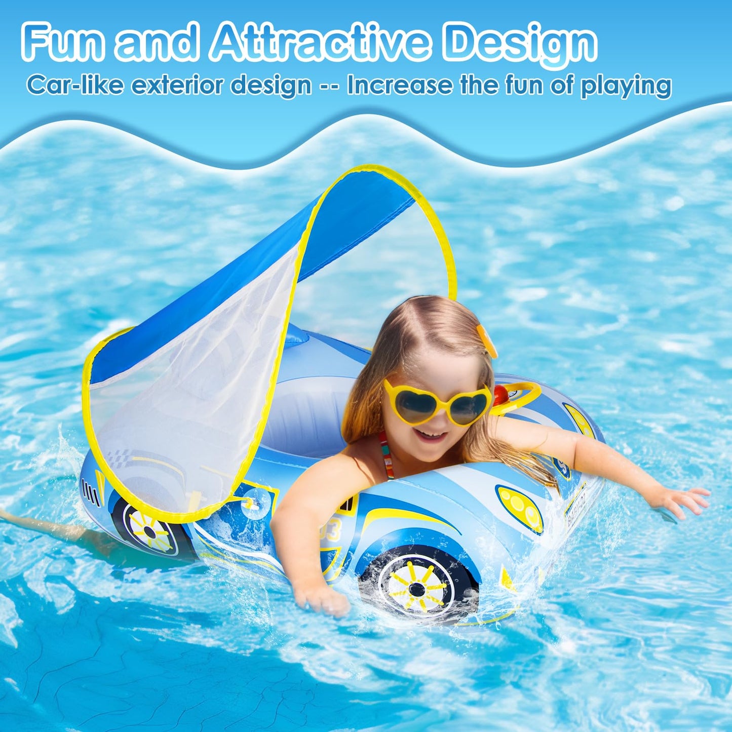 Baby Pool Float with Canopy: Baby Floats for Infants Toddler 6-48 Months Qoosea Swimming Floaties with UPF50+ Sun Protection & Toy Play Steering Wheel & Patch Kit (Blue)