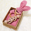 Baby Lovey, Wood Rattle, Teether Ring, 3 Pack Montessori Gift, Coral Pink, Cotton, Double Gauze, Baby Girl Shower Gift