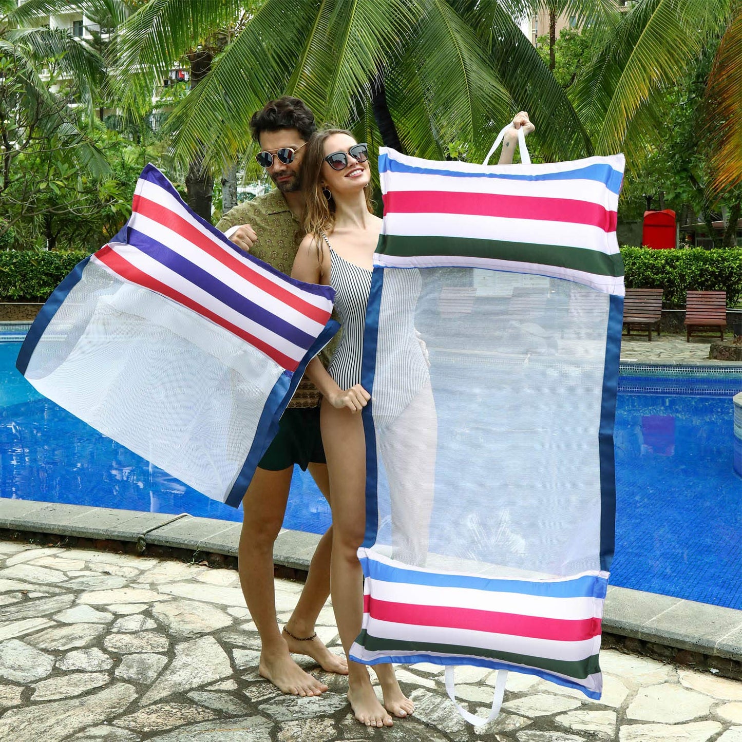 FindUWill Fabric Pool Hammock Floats, XL, 2Pack Inflatable Water Hammocks Floaties 4-in-1 (Saddle, Lounge Chair, Hammock, Drifte