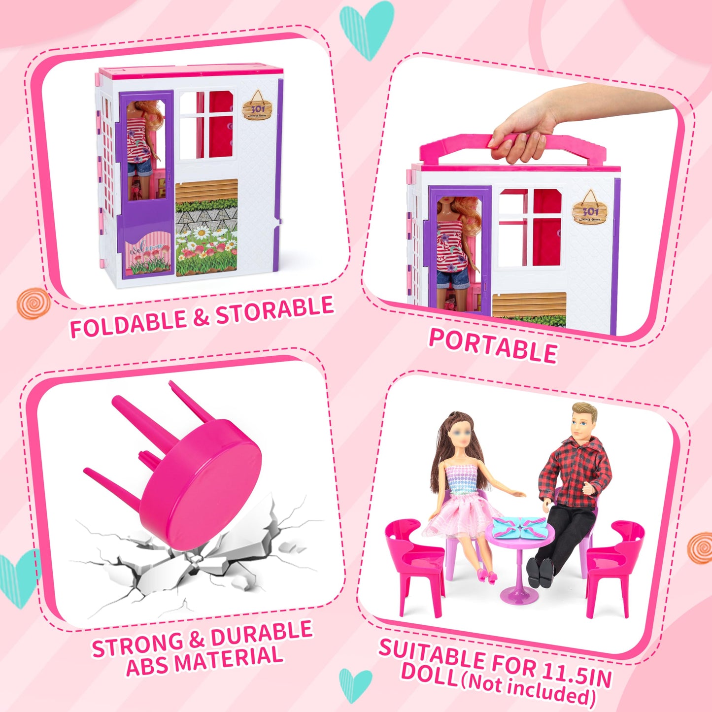 Style Shine Doll House Portable & Foldable Dollhouse W/ 60+ Pcs & 2 Dolls, Play House Toy With Bedroom Kitchen Pet House Camping