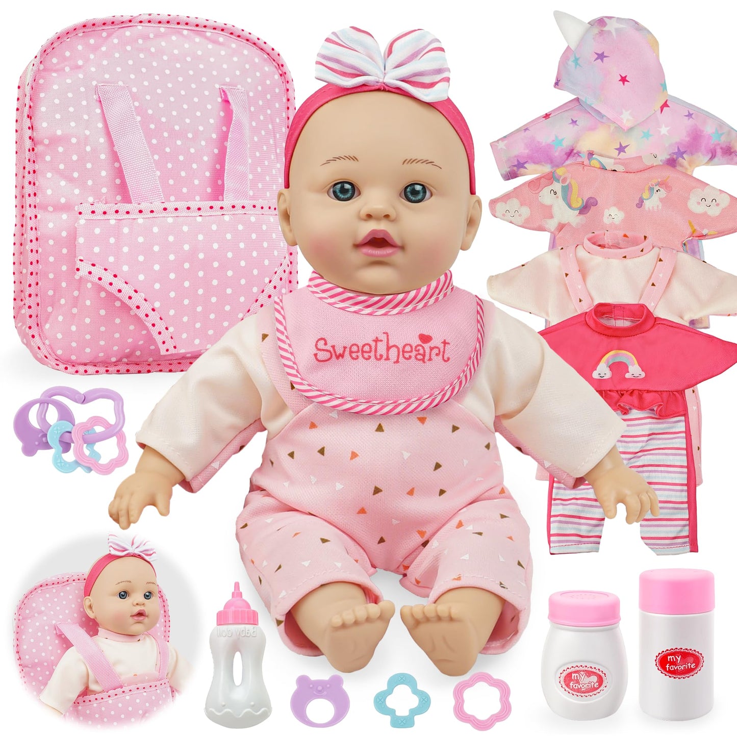 Smilesskiddo 12 Inch Soft Body Baby Doll For Toddlers With Take Along Doll Backpack Carrier Accessories, Baby Doll Clothes And B