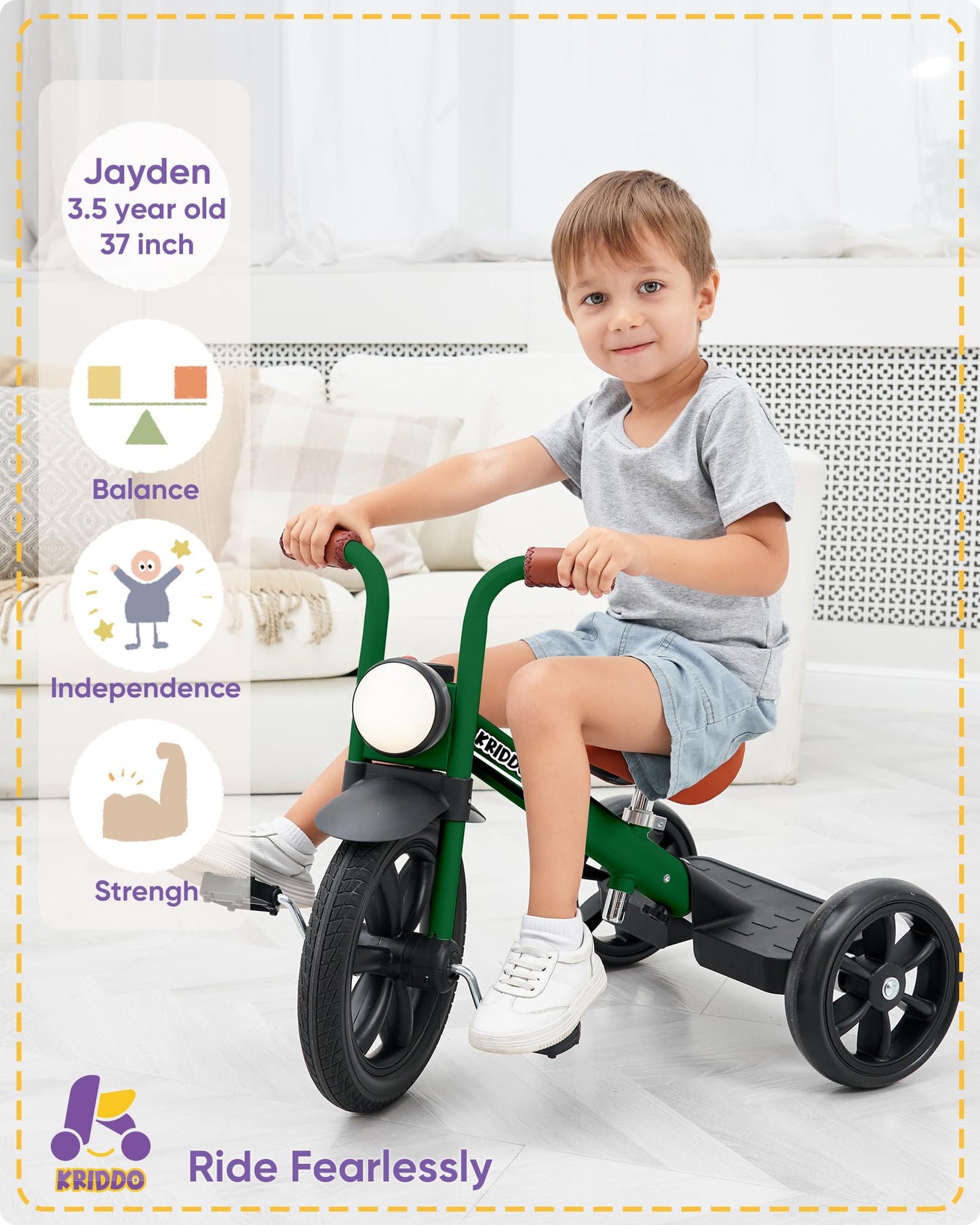KRIDDO Kids Tricycles Age 2 Years to 5 Years, 12 Inch Puncture Free Rubber Wheel w Front Light, Adjustable Seat Height, Gift Tod