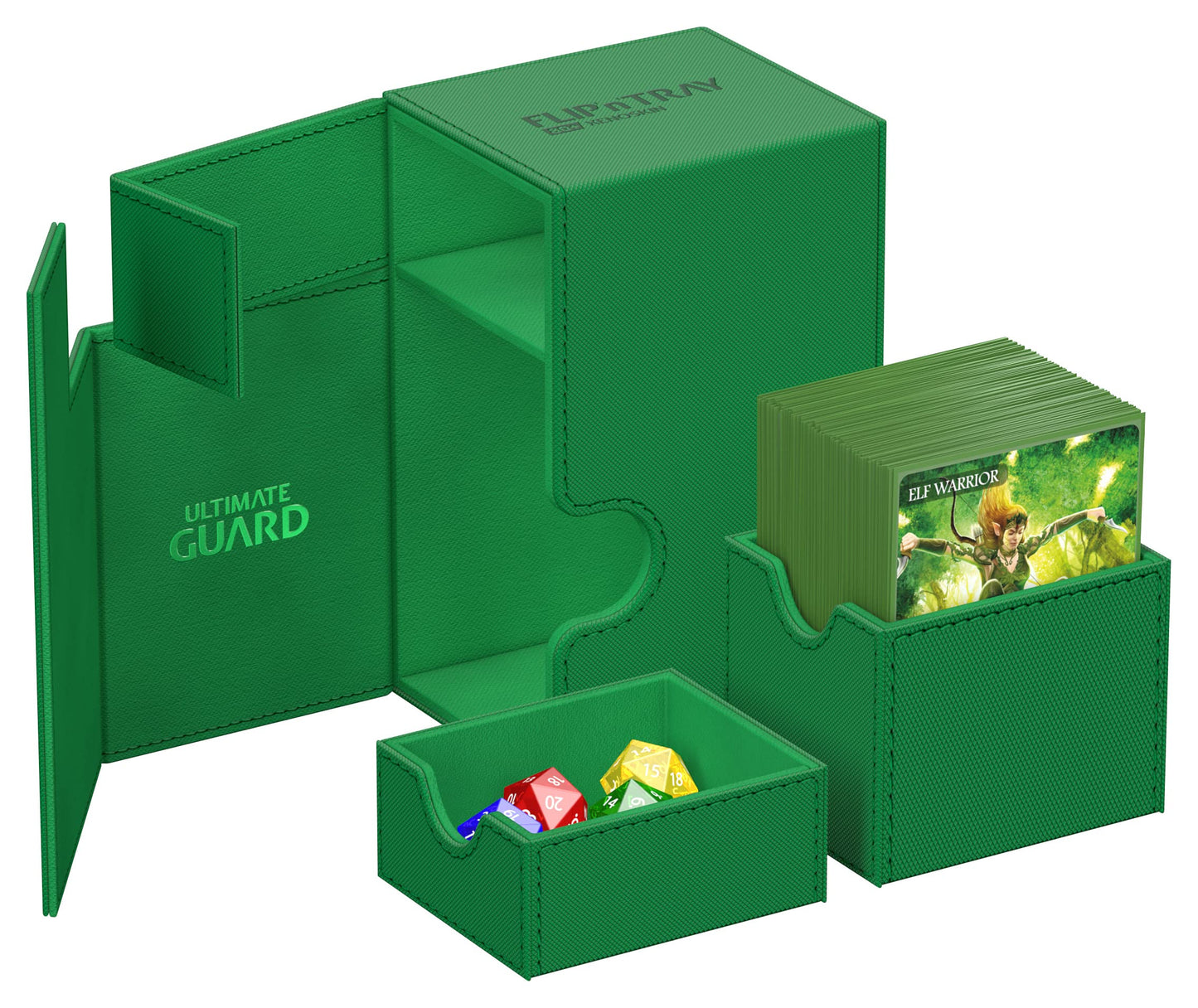 Ultimate Guard Flip 'N' Tray 80+, Deck Case For 80 Double-Sleeved Tcg Cards + Dice Tray, Green, Independent Magnetic Closure & M