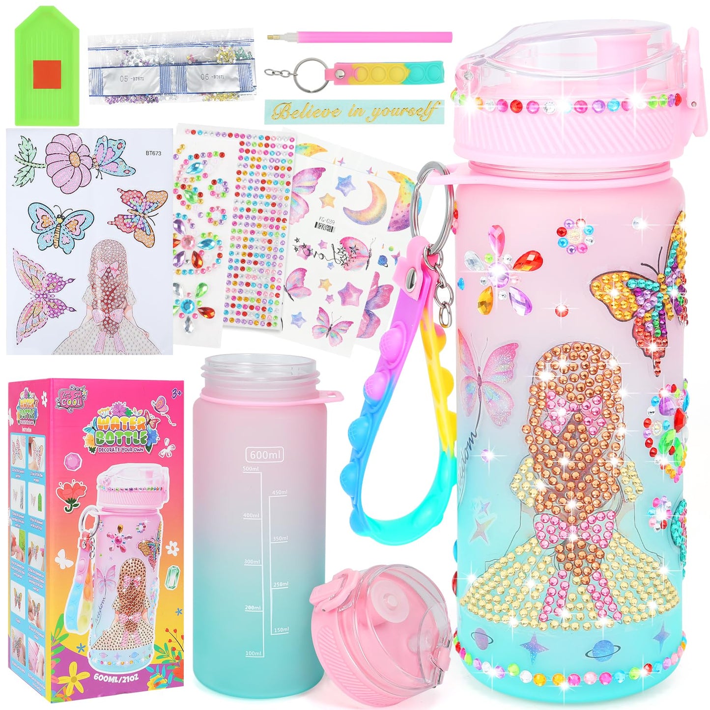 Decorate Your Own Water Bottle Kits For Girls Age 4-13, Butterfly Gem Girls Diamond Painting Crafts, Arts And Crafts Kits Toys Birthday Gifts For 4-12 Year Old Girls Kids (Butterfly 600Ml)
