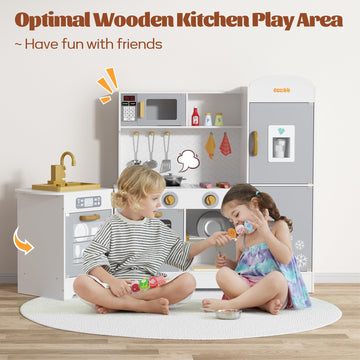 Cozibb Wooden Pretend Play Kitchen Set, Realistic Oven Faucet Microwave Ice Maker Bbq, With Lights & Sounds Features, 21 Accesso
