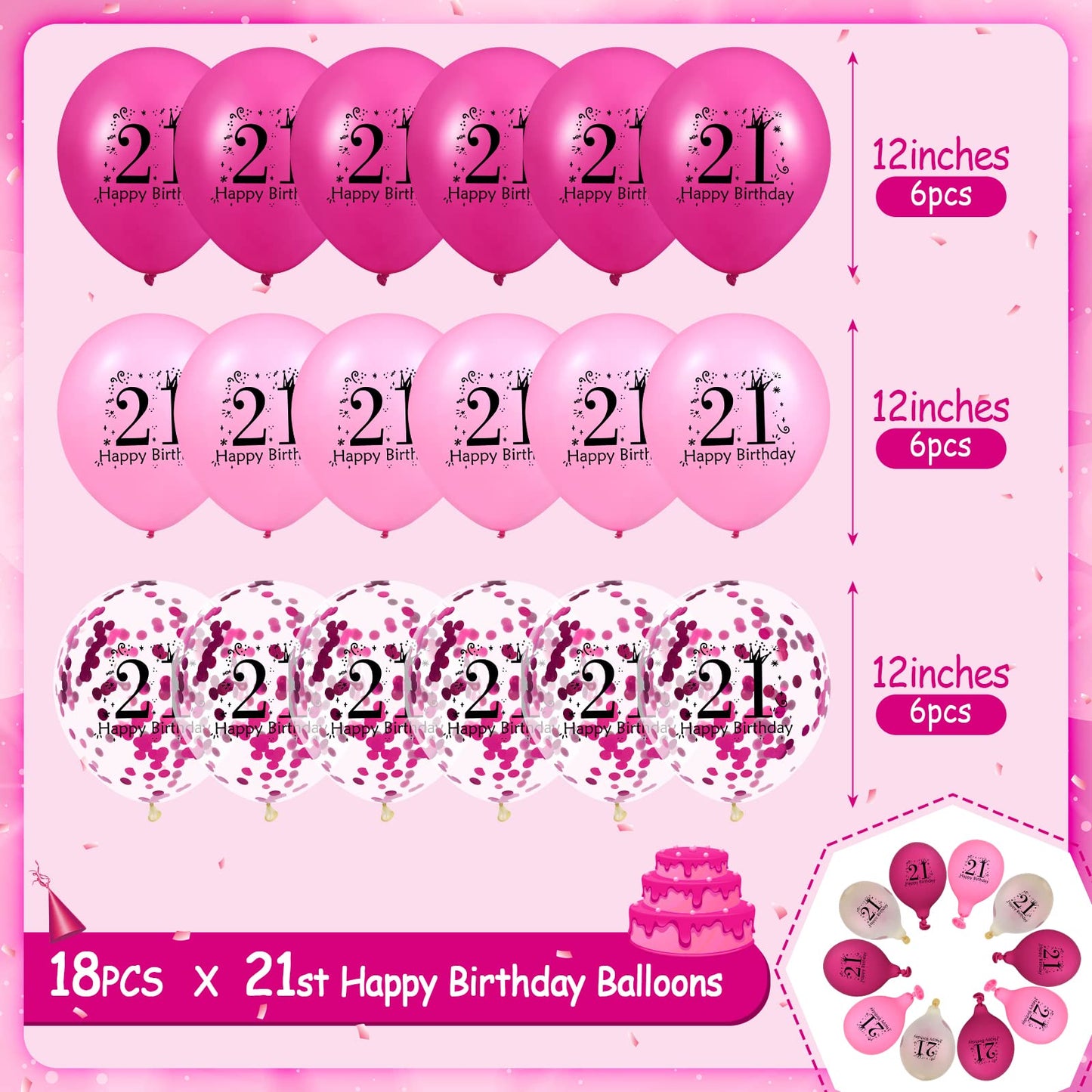 Pink 21St Birthday Balloons 18Pcs Pink Hot Pink Confetti Happy 21St Birthday Latex Balloons Hot Pink 21St Birthday Party Decorations For Women Men 21St Birthday Anniversary Party Supplies 12 Inch