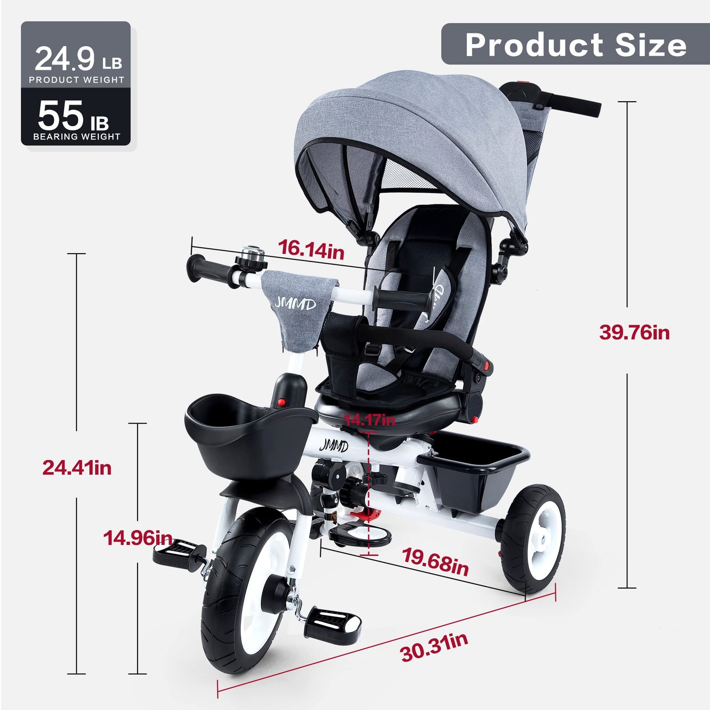JMMD Baby Trike, 6-in-1 Kids Tricycle with Adjustable Push Handle, Removable Canopy, Safety Harness for 18 Months - 5 Year Old,