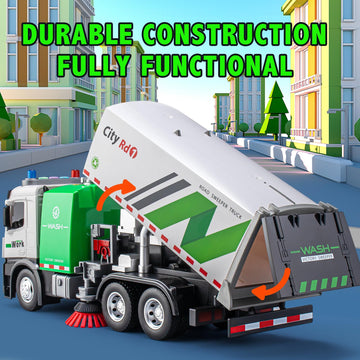 Street Sweeper Truck with Open-able Doors, 11.5'' Big Trash Truck with Lights and Sounds, Friction Powered Garbage Truck Toys Gi