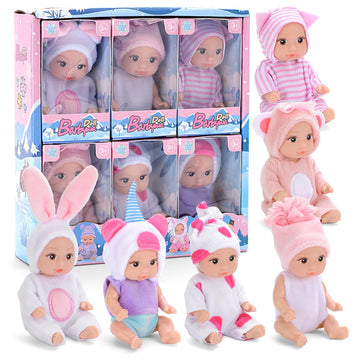 Mxsyshyj 6Pcs 4 Inch Realistic Open-Eye Baby Doll Playset - Mini Reborn Baby Dolls With Handmade Pink Clothes, Christmas Easter