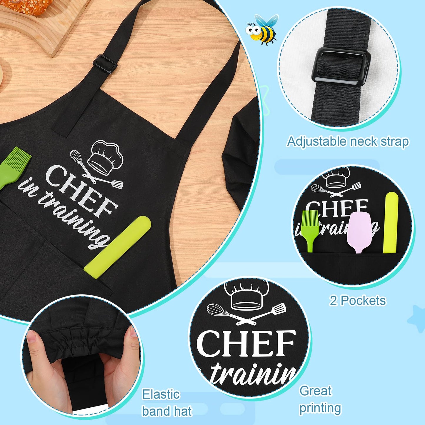 XLSXEXCL Kids Apron and Chef Hat Set, CHEF in training Apron Adjustable Child Apron Chef in Training Funny Apron with 2 Pocke