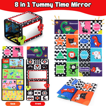 Tummy Time Floor Mirror With Crinkle Cloth Book And Teethers, Double-Sided Baby Mirror Black And White High Contrast Baby Toys,