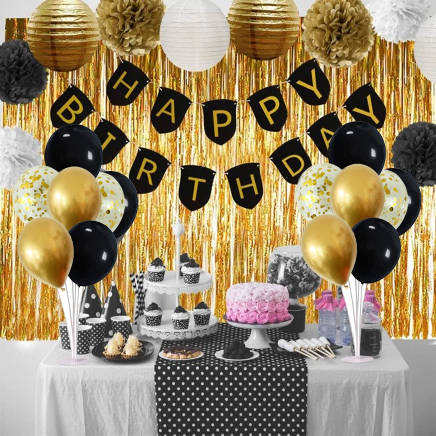 ZJDHPTY Balloon Stand Centerpieces - Black and Gold Plastic Decorations for Birthday, Wedding, Retirement, and More - 4 Inch Size
