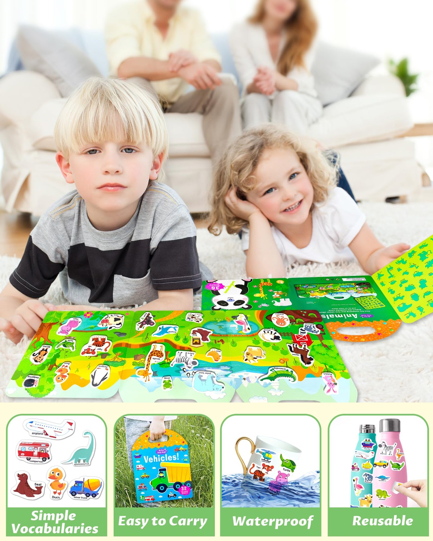 Walenced Jelly Reusable Sticker Book For Toddlers 2-4 Years, 3 Sets Stickers For Kids, Toddler Sticker Book Ages 1-3, 104 Pcs To
