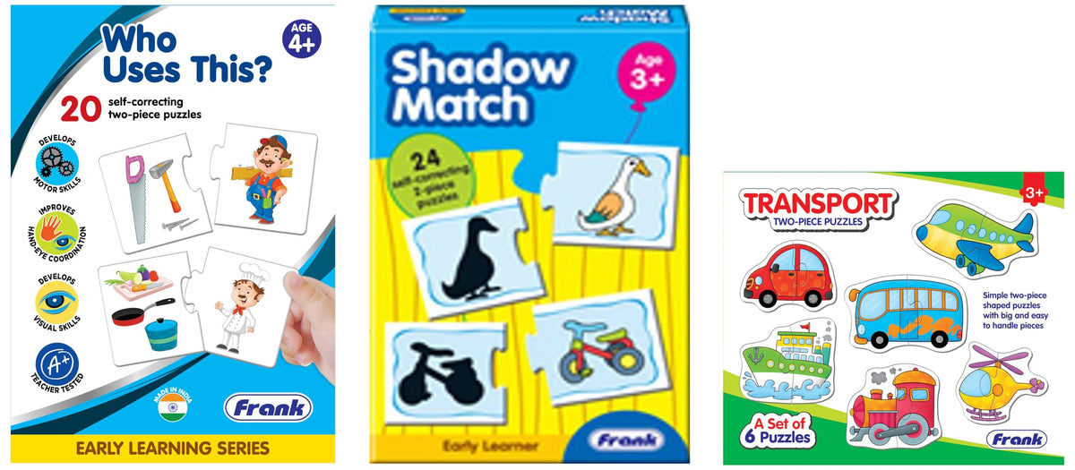 Frank Shadow Match 48 Pc Puzzle, Transport Puzzles (6 Sets) & Who Uses This? Logic Puzzle (40 Pc) | Educational Puzzles for Kids