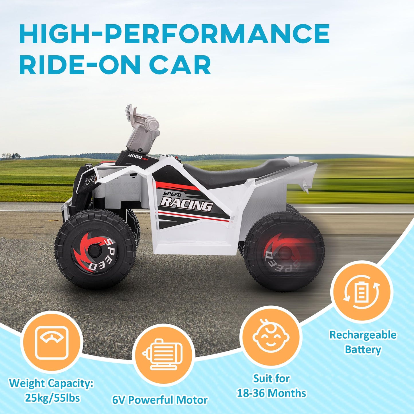 Aosom Kids Atv Quad Car, 6V Four-Wheeler Ride On Toy For Kids With Forward Backward Function, Wear-Resistant Wheels For Toddlers Ages 18-36 Months, White