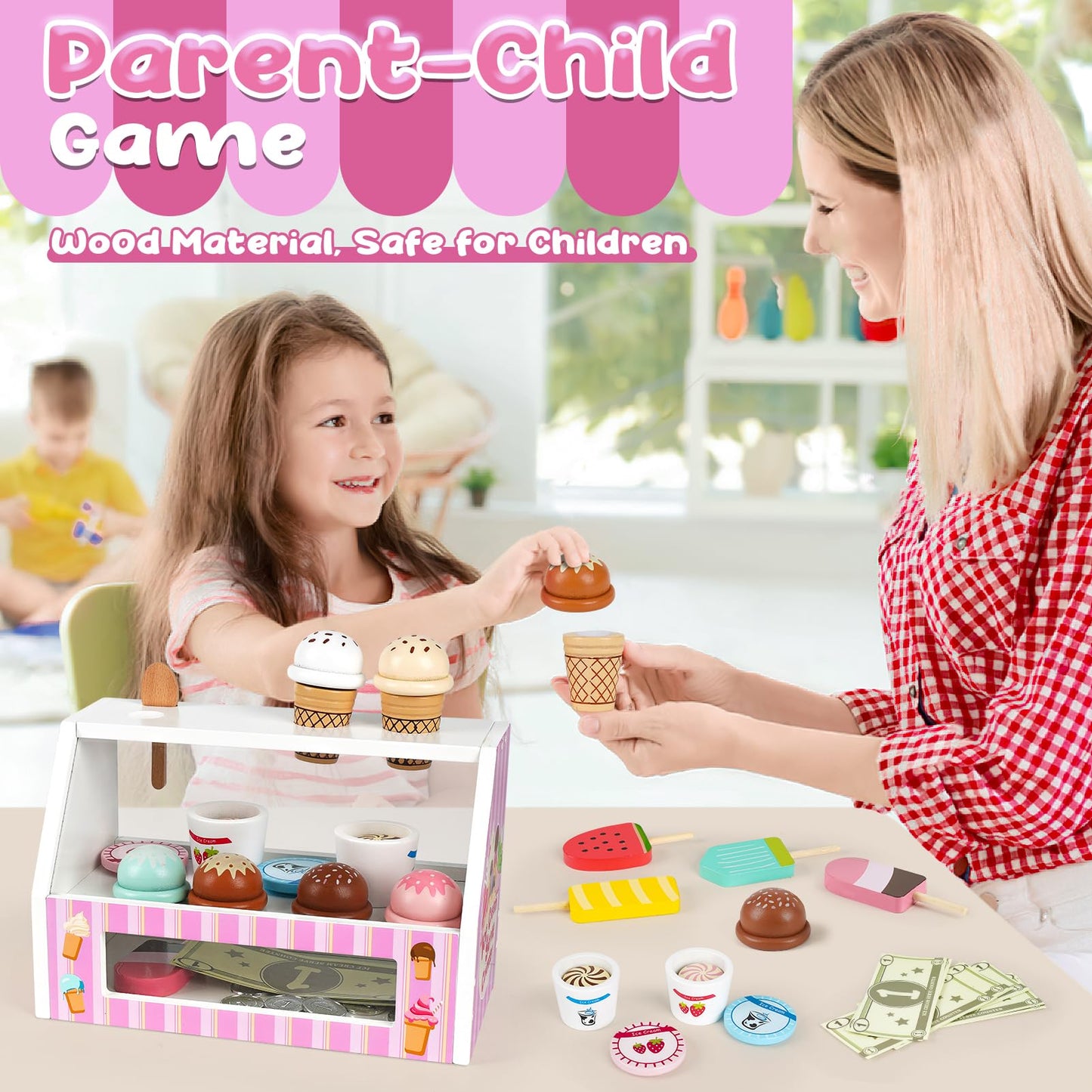 Dreamon Ice Cream Counter Playset for Kids, 38 PCS Wooden Ice Cream Set Shop for Toddlers 3-5, Toddler Pretend Play Toy, Christm