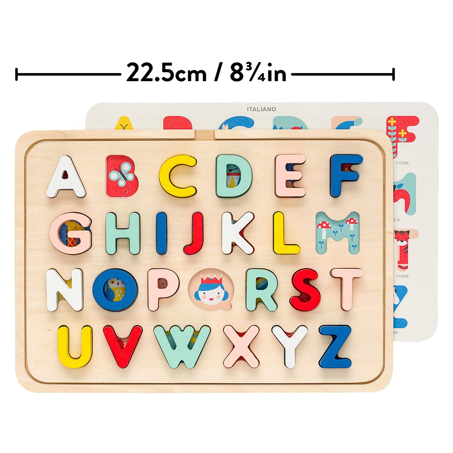 Petit Collage Multi-Language Alphabet Wooden Jigsaw Tray Puzzle – Abc Puzzle With 26 Letter Pieces And 4 Icon Sheets, Language Development Toys In English, French, Italian & German, Ideal For Ages 3+