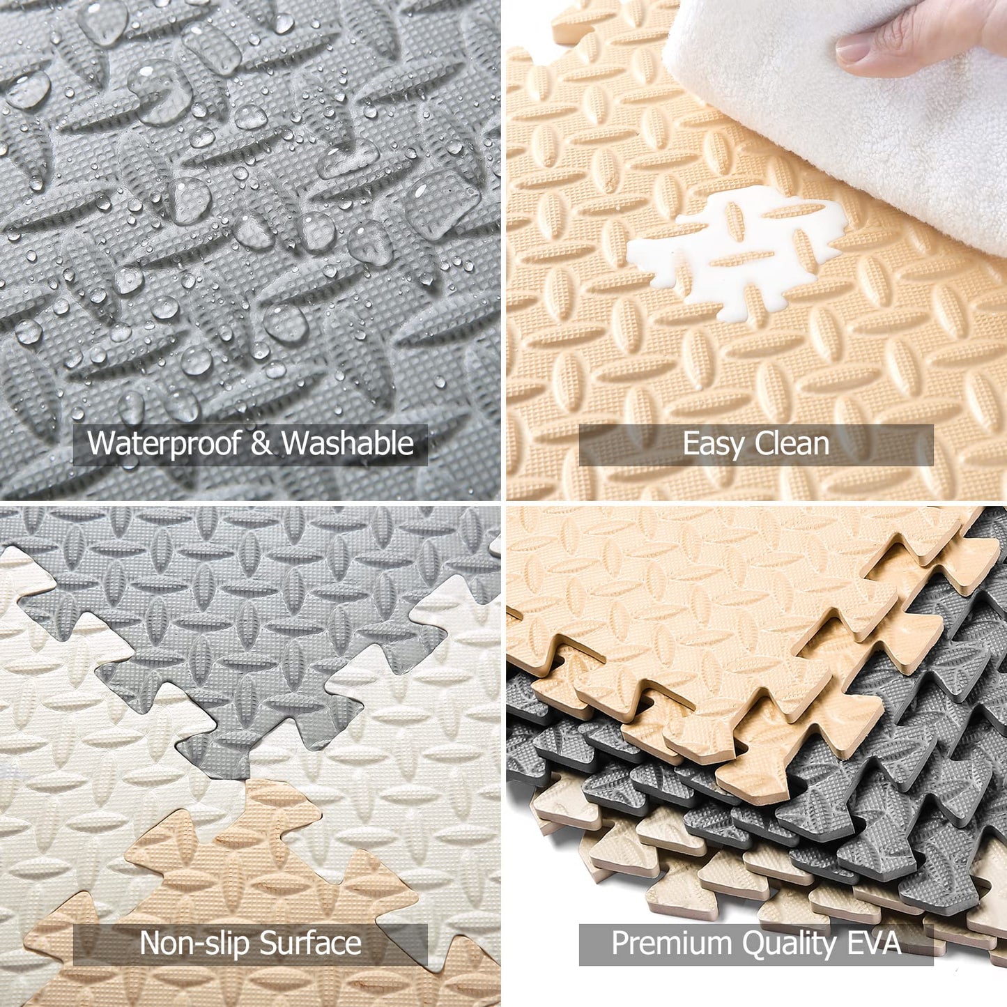 Tamiplay Foam Floor Mats For Kids, 12 X 12 Inch 16 Tiles 0.4' Thickness Foam Play Mat, Non-Toxic Square Interlocking Floor Mats Rubber Baby Play Mat For Toddlers(White/Beige/Gray)