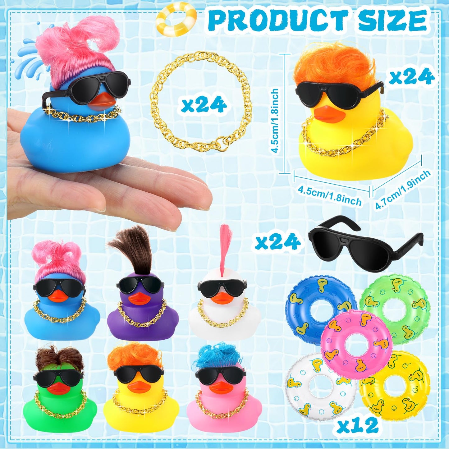 Hydren 24 Pcs Light Up Rubber Ducks Bulk Small Cute Ducks Operation Christmas Bath With Wig Up Funny Shower Ducks For Boys Girls