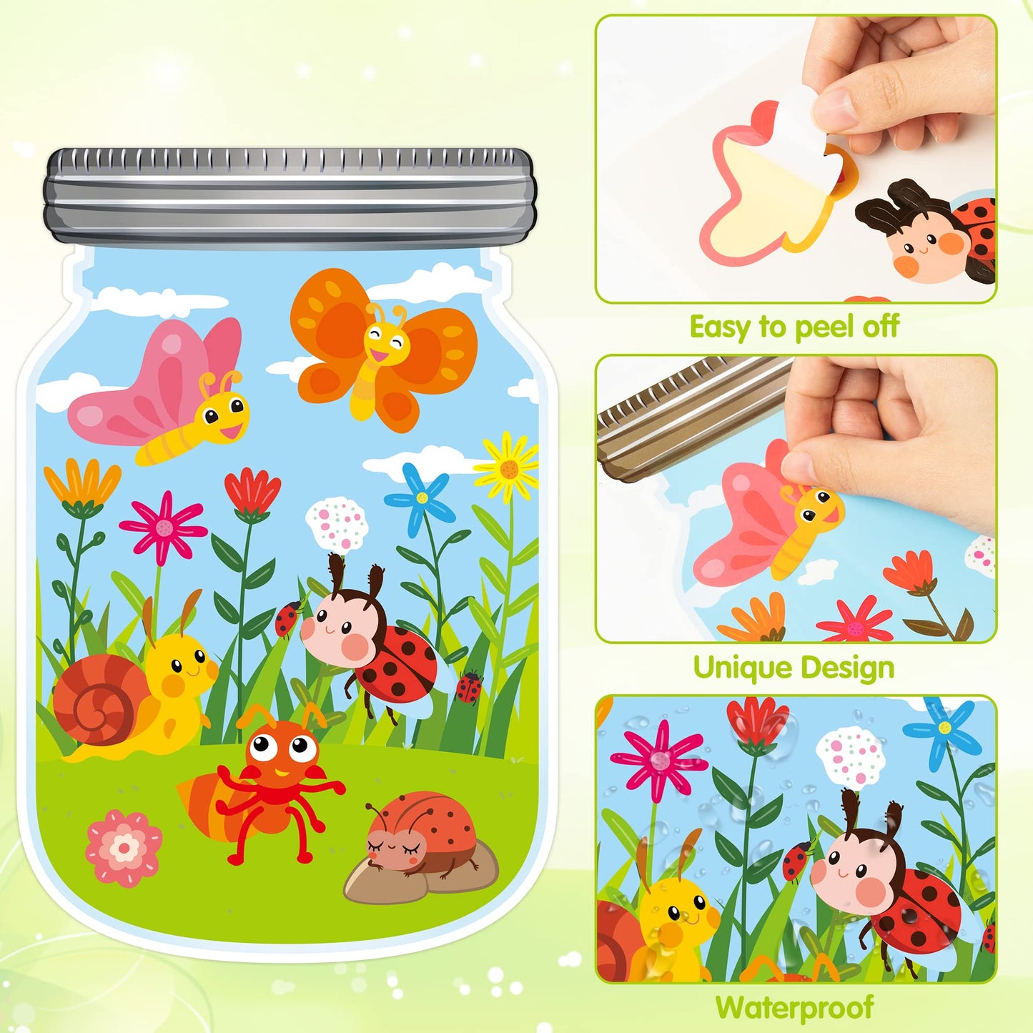 Cy2Side 12Pcs Summer Bugs Stickers Scene For Kids, Make A Bug Jar Sticker Scene With Butterfly Bee Ladybug Flower, Make Your Own Insect Stickers With Jar Scene, Diy Summer Party Games Class Activities