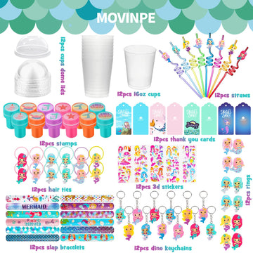 MOVINPE Mermaid Party Favors Personalize Goody Cups with Gift Tags, Filled with Mermaid Themed Reusable Straws Stampers Slap Bra