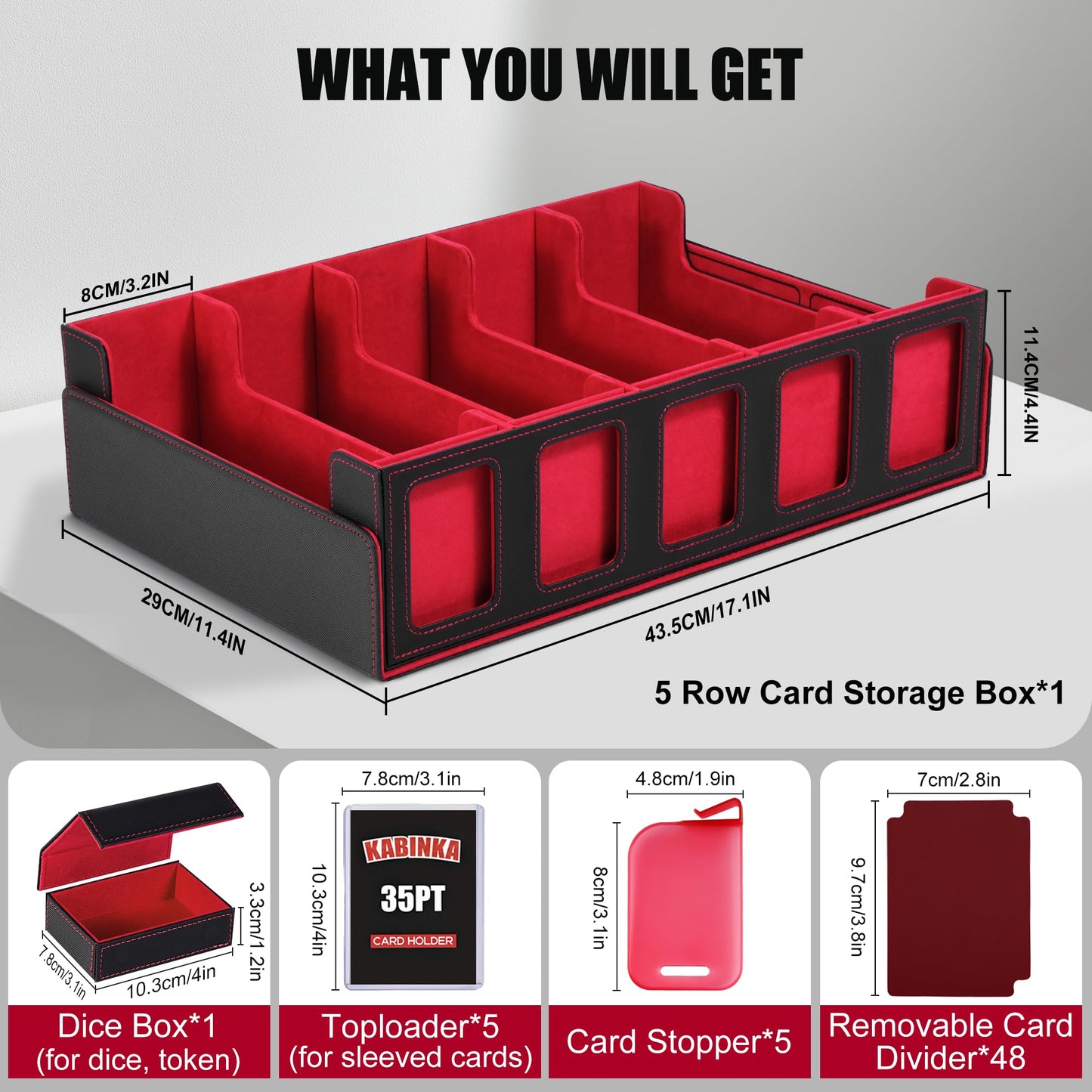 Kabinka 3900+ Card Deck Storage Box - Black & Red Commander Display Case with Removable Lid, 5 Toploaders, 48 Dividers, Dice Tray