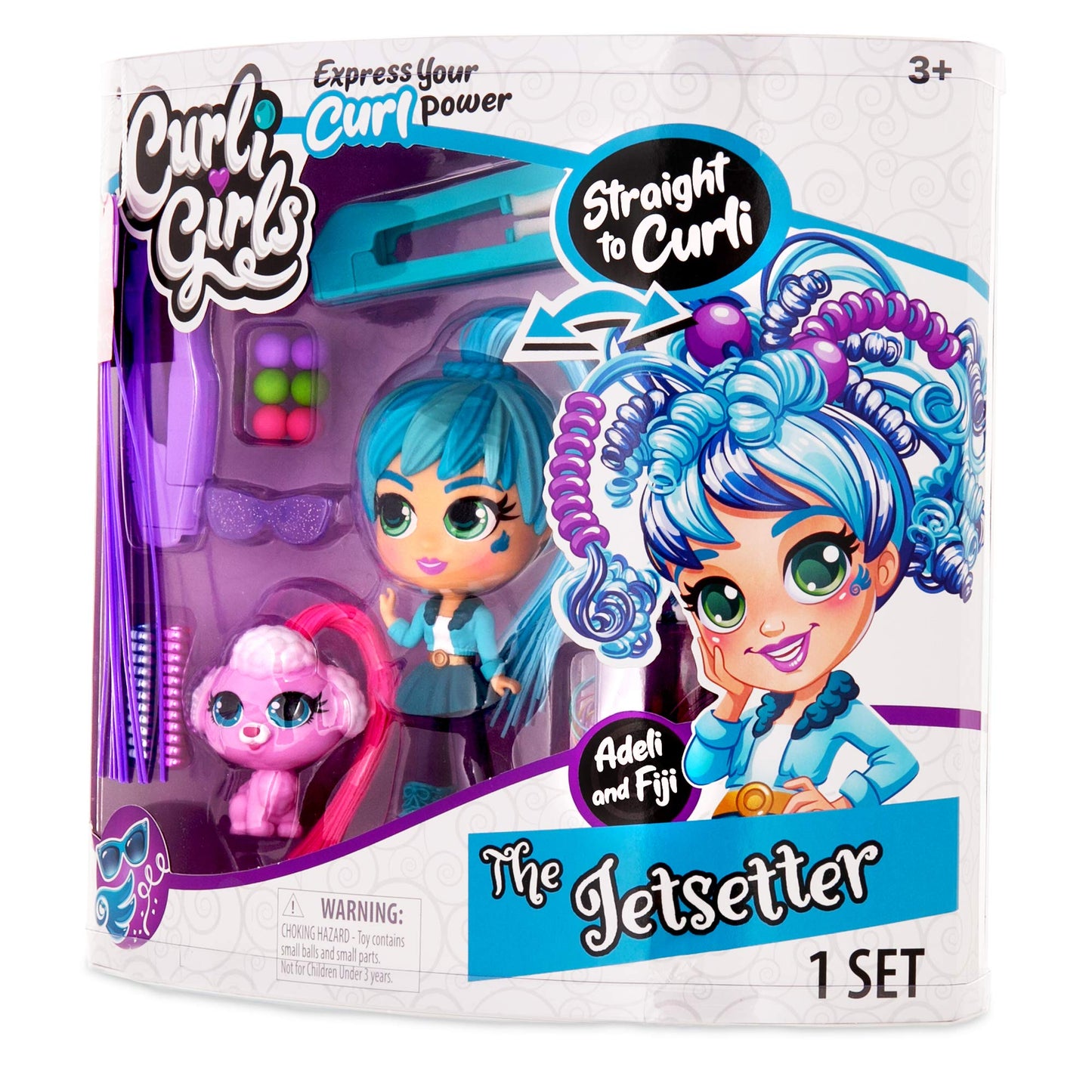 Basic Fun Curligirls Adeli, The Jetsetter & Fiji, Her Dog - Deluxe Hairstyling Doll With Magicurl Hair - Style Again And Again - Ages 3+