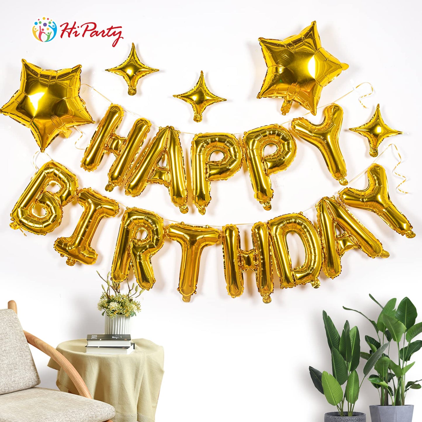 23Pcs Birthday Balloons Banner, 3D Gold Premium Mylar Foil Ecofriendly Letter Happy Birthday Banner With 5Pcs Star Balloons Kits