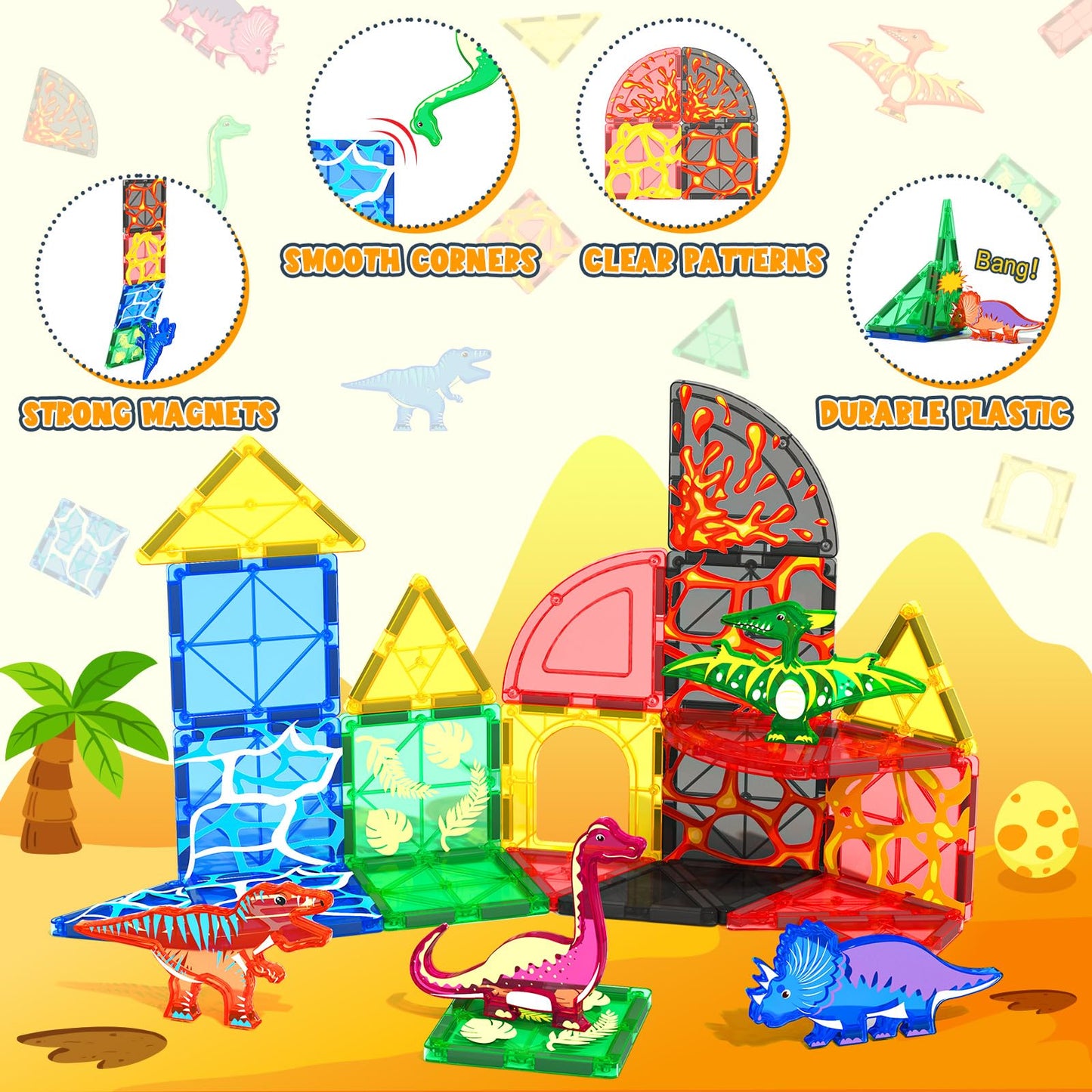 Dinosaur Toys Magnetic Tiles Lava Dinosaur World Set - Kids Games For 3+ Year Old Boys & Girls, Magnetic Blocks For Kids Ages 3-4 5-7 8-13 Stem Preschool Learning Montessori Toddler Toys