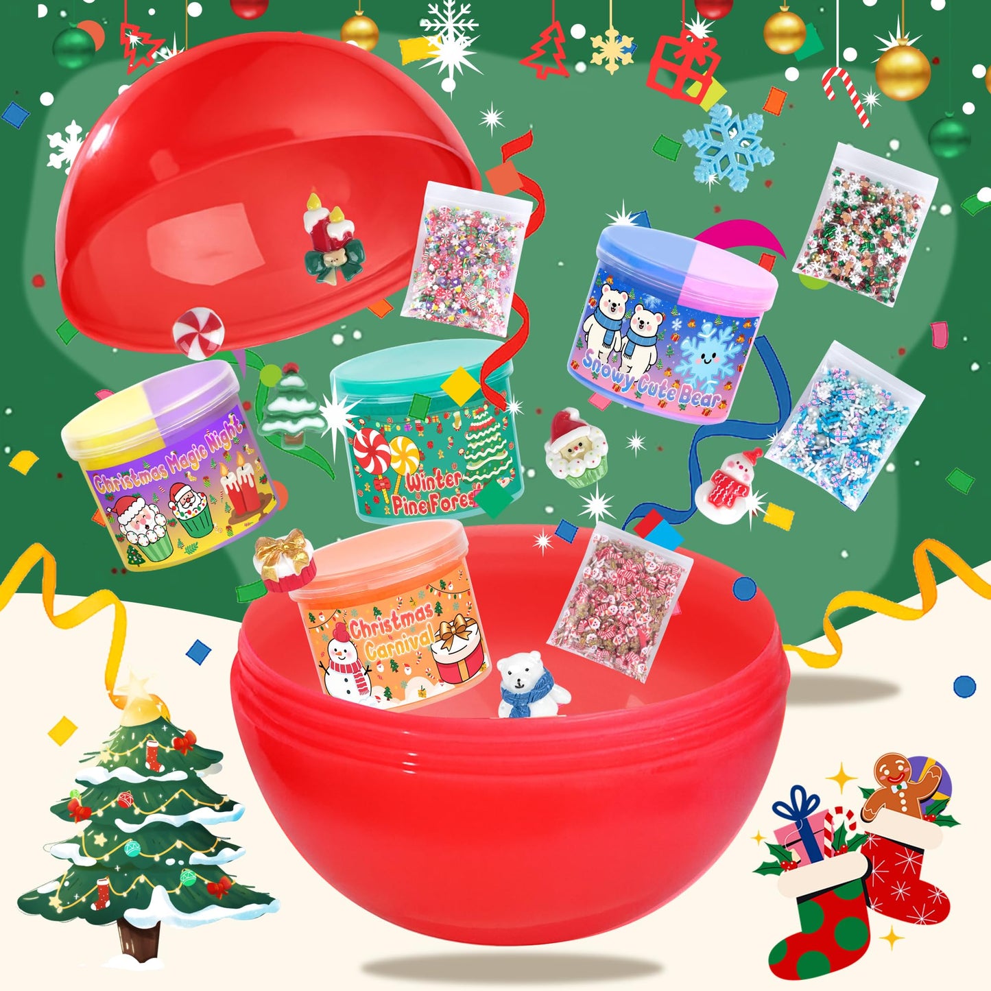 Joytry Christmas Stocking Stuffers 4 Pack Butter Slime Balls Kit for Kids Surprise Christmas Slime Gift with Cute Polar Bear Add-ins Vibrant Colors Non-Sticky Stress Relief Toy for Girls Boys
