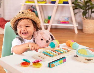 B. toys Make a Melody Wooden Musical Instruments Set - 9pc, Xylophone, Tambourine, Harmonica, Multi Color, Medium Size, Ages 2+