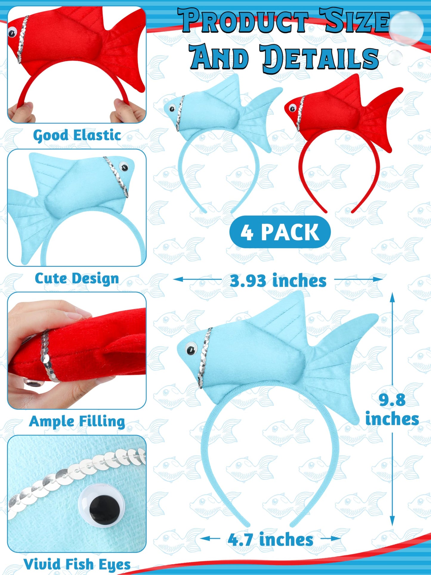 Luces Red And Blue Fish Headbands, Cute Kids Fish Styles Headbands, Fish Costume Accessories Dress Up Party Favors Supplies