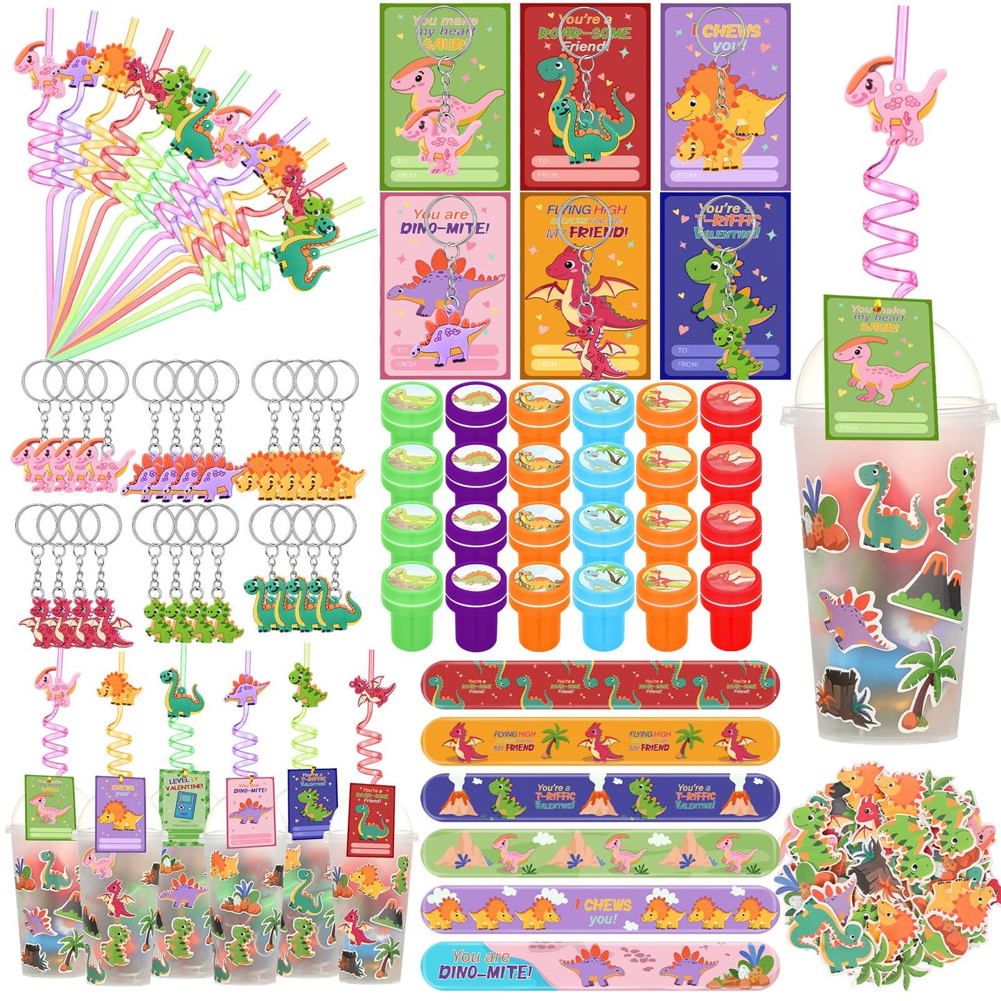 Jenaai 268 Pcs Valentines Day Gifts for Kids Dinosaur Valentines Day Cards 24 Pack Dinosaur Party Favors with Reusable Drinking
