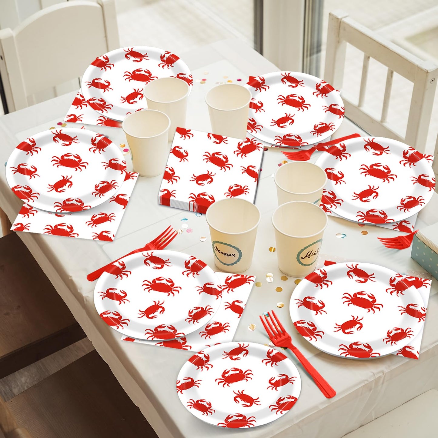 Qyeahkj 100 Pcs Crab Party Decoration Crab Boil Party Paper Plate Napkin Fork Set Summer Crab Dinnerware Tableware Crab Seafood
