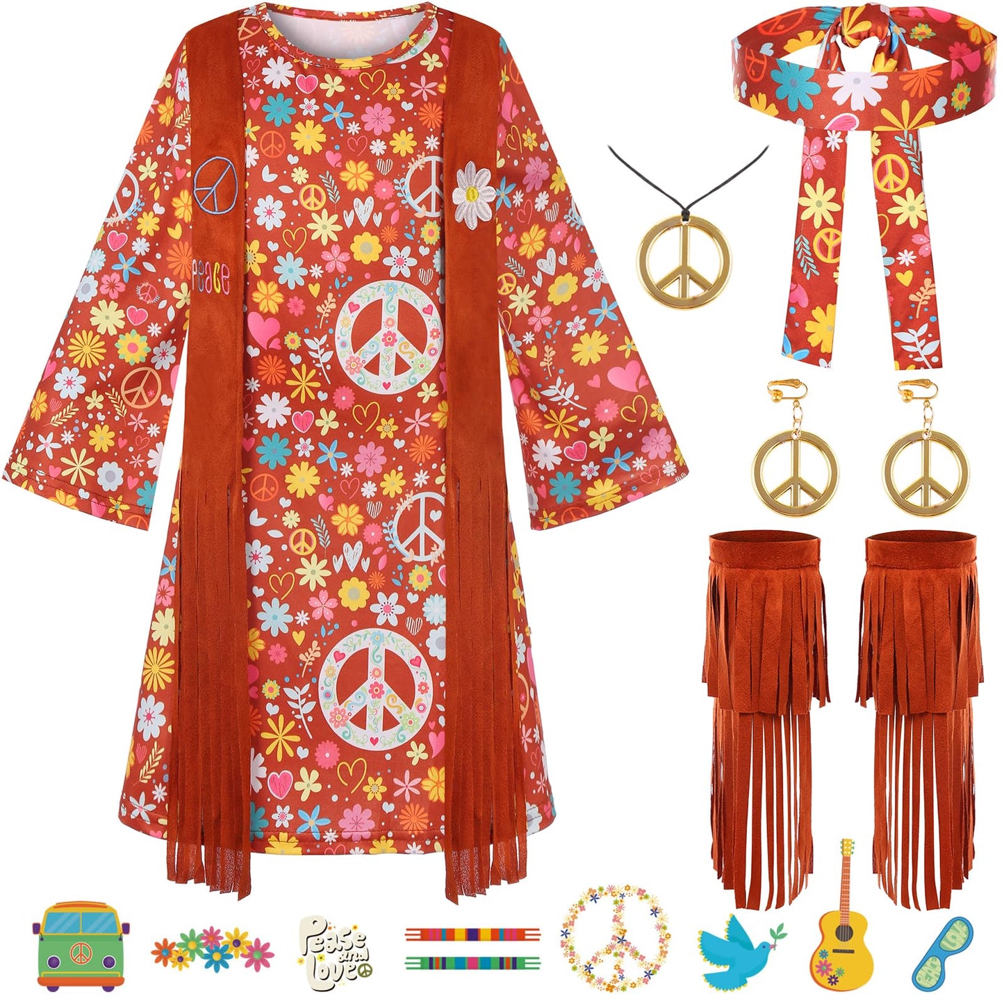 Gorkonpy Hippie Costume For Girls Kids 70S 60S Costume Outfits Halloween Party Dress Up (10-11 Years)