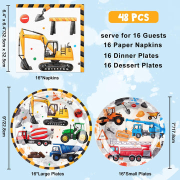 Wernnsai Construction Party Supplies - 48Pcs Dump Truck Themed Party Tableware Set Disposable Dinner Dessert Plates And Napkins For Boys Kids Baby Shower Excavator Birthday Party Serves 16 Guests
