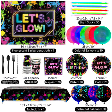 Glow Neon Party Supplies - Glow In The Dark Birthday Let'S Glow Backdrop Banner, Plates, Glow Sticks, Tablecloths, Cups, Napkins, Neon Balloons, For Blacklight Party Decorations Serves 20 (Set A)