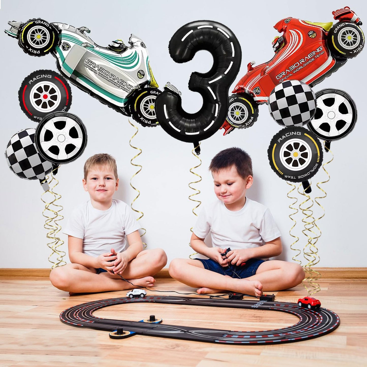 Number 3 Race Car Balloons, 43 Inch Race Car Party Decorations, Wheel Tire Balloons, Black And White Checkered Foil Balloons, Ca