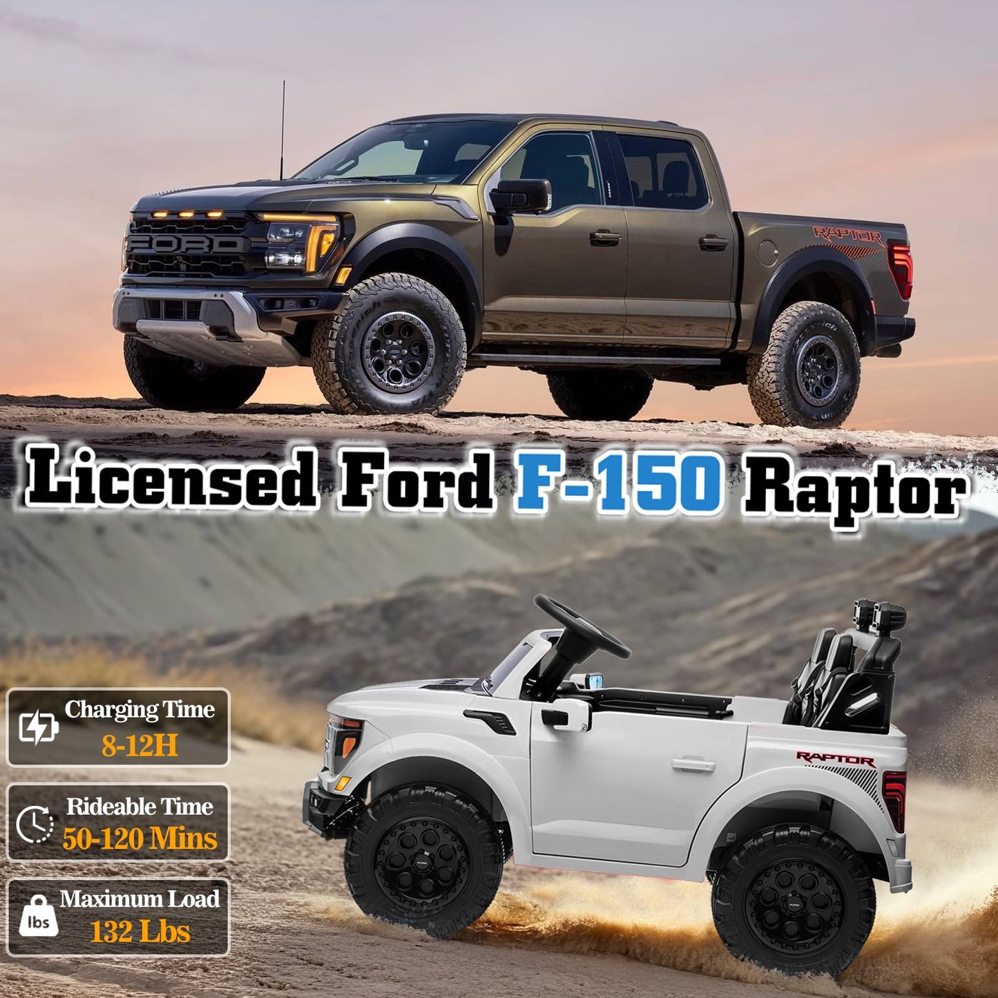 Segmart Licensed Ford F-150 Raptor 24V Ride On Toys For Boys & Girls, 2 Seater Kids Electric Car, Todder Ride On Car W/Remote Co