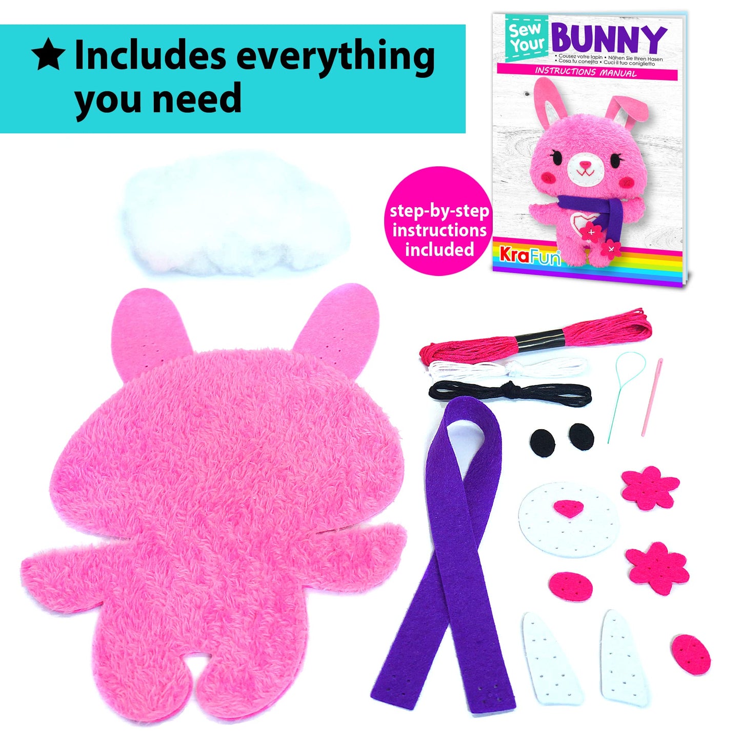 Krafun Sewing Kit For Kids Beginner My First Art & Craft, Includes Bunny Doll Stuffed Animal, Instructions & Plush Felt Materials For Learn To Sew, Embroidery, Age 7 8 9 10 11 12